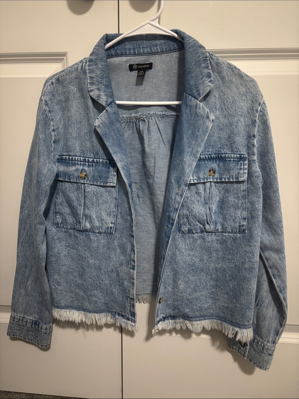 Versona Light Wash Denim Jacket with Frayed Hem Size XS